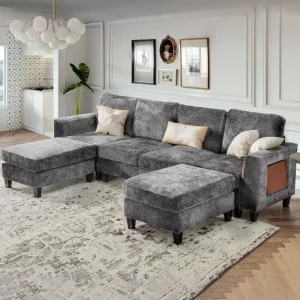 , 4-Seat Modular Sofa with 2 Ottomans